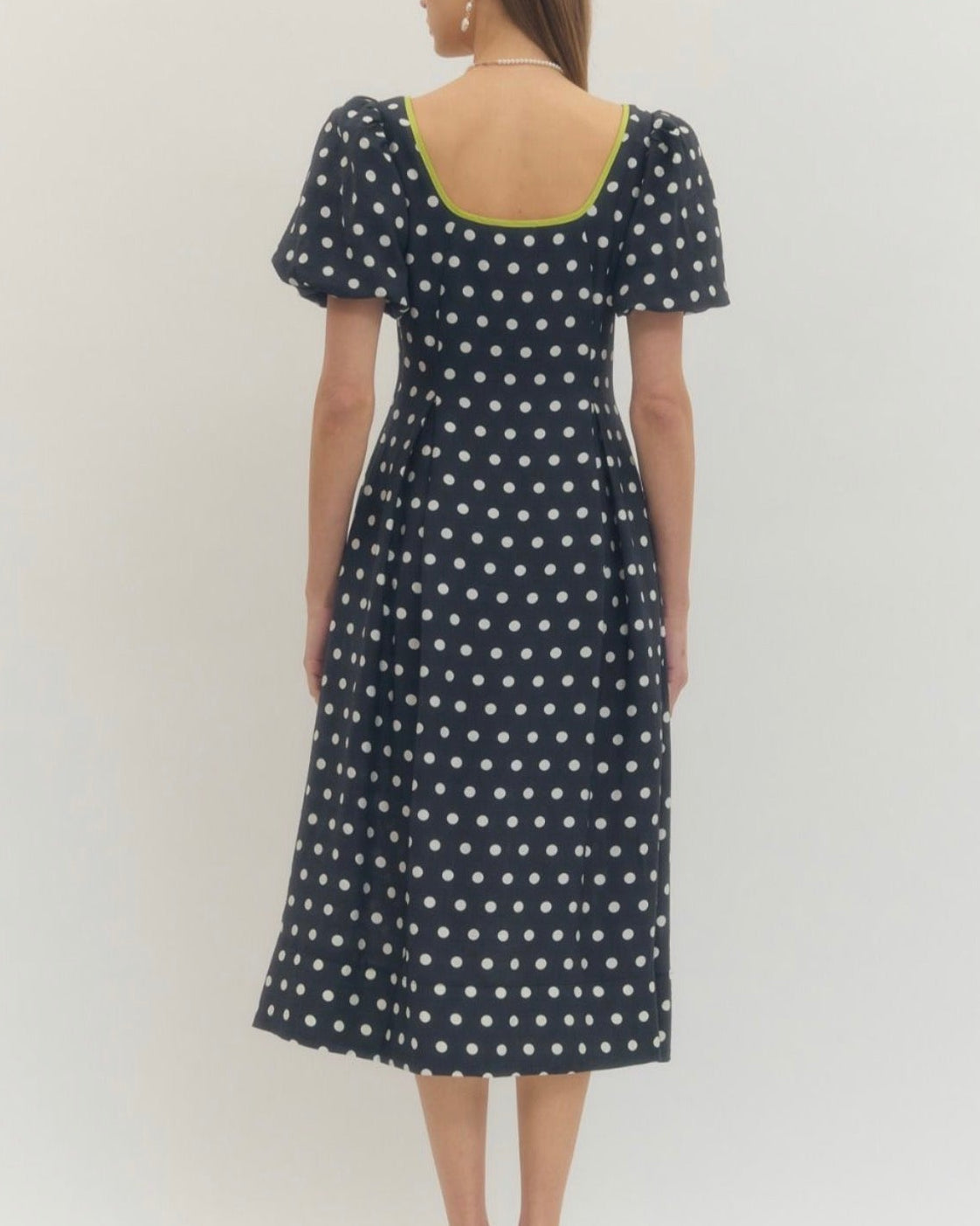 navy blue and white polka dot dress Short Sleeve Polka Dot Midi Dress