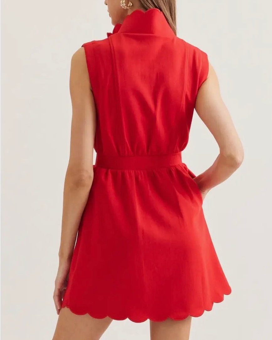 SLEEVELESS MINI DRESS WITH SCALLOP STAND COLLAR