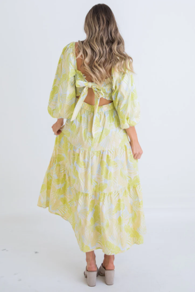 Tropical Leaf Poplin Smock Tier Maxi Dress