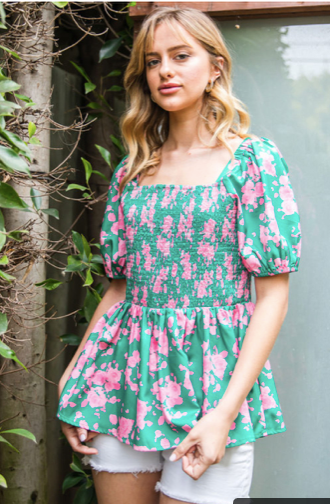 Smocked Floral Peplum Top - Pink/Green Floral