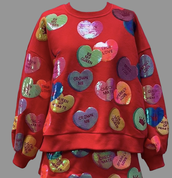 RED SEQUIN CONVERSATION HEART SWEATSHIRT