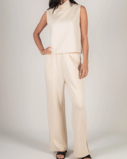 Scuba Modal Wide Leg Pants w/Bottom Slits - Eggshell