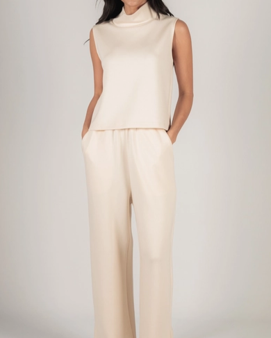 Scuba Modal Wide Leg Pants w/Bottom Slits - Eggshell