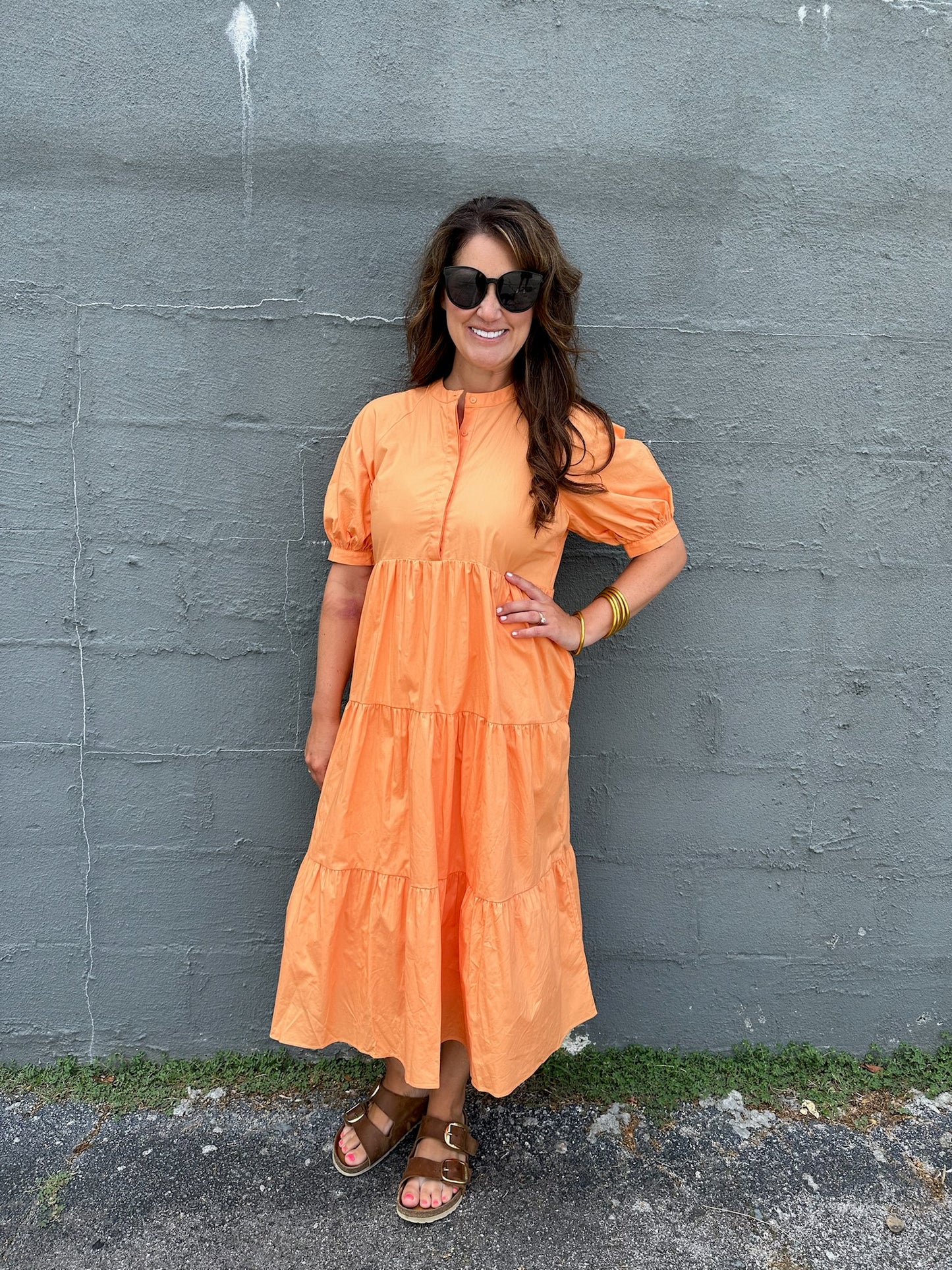 Orange Short Puff Sleeve Midi Dress