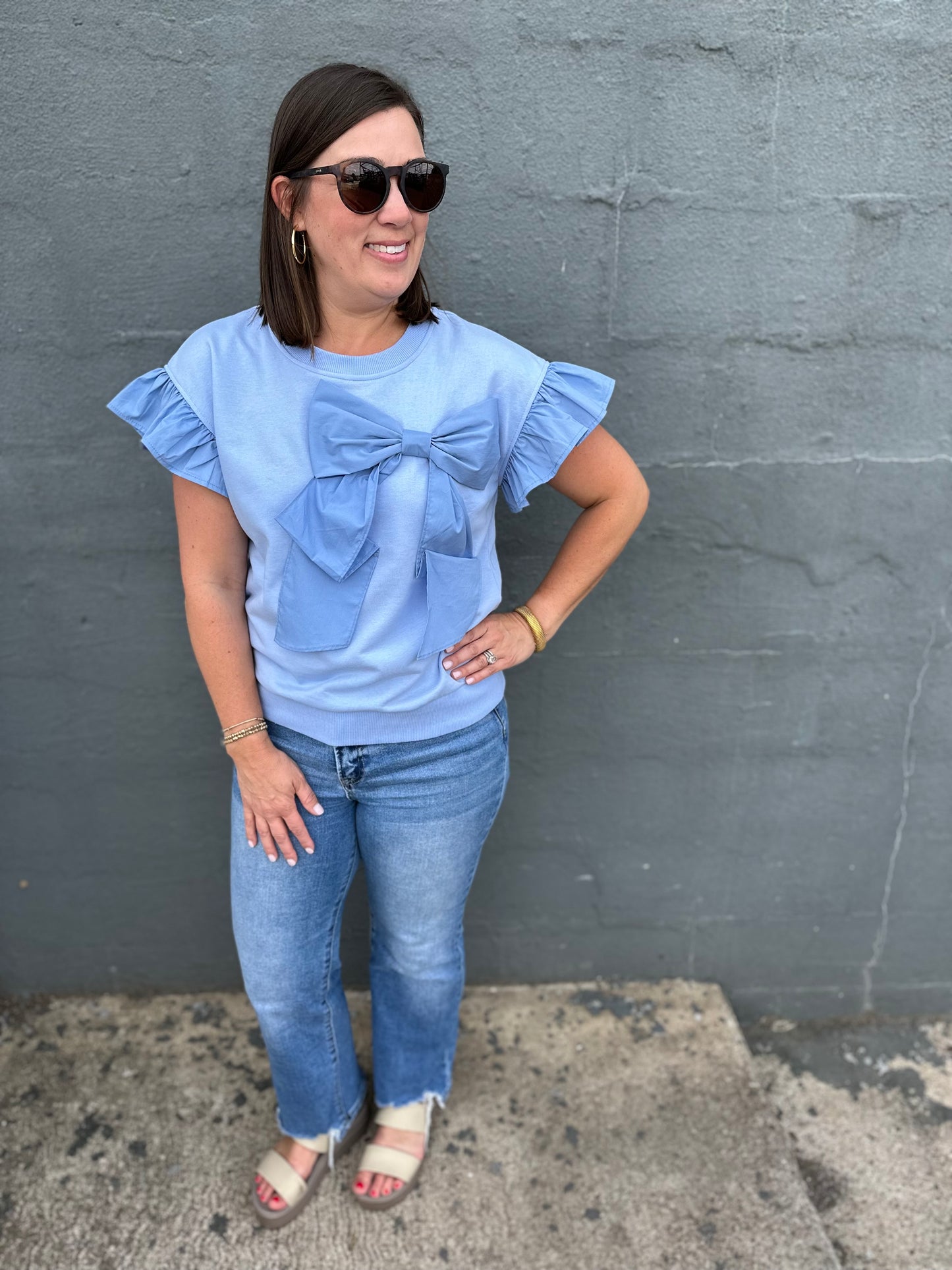 Baby Blue Ribbon Ruffle Sleeve Top