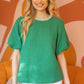 Green Bubble Sleeve Tweed Top with a Pearl Trim Neck