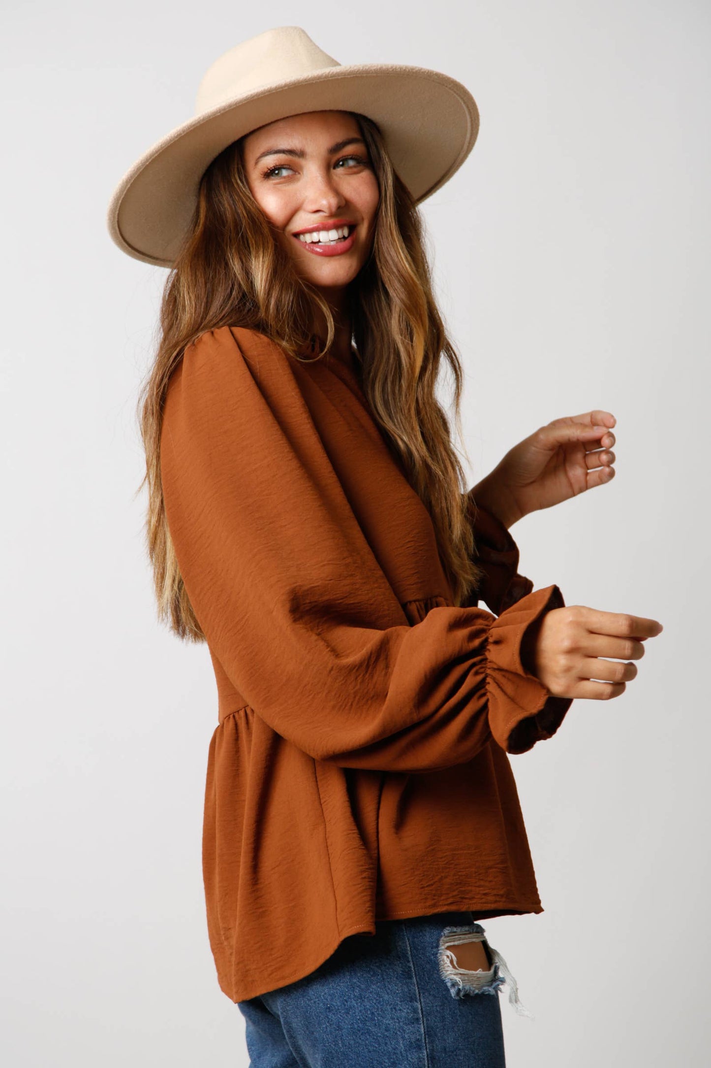 Notched Neck Long Sleeve Top