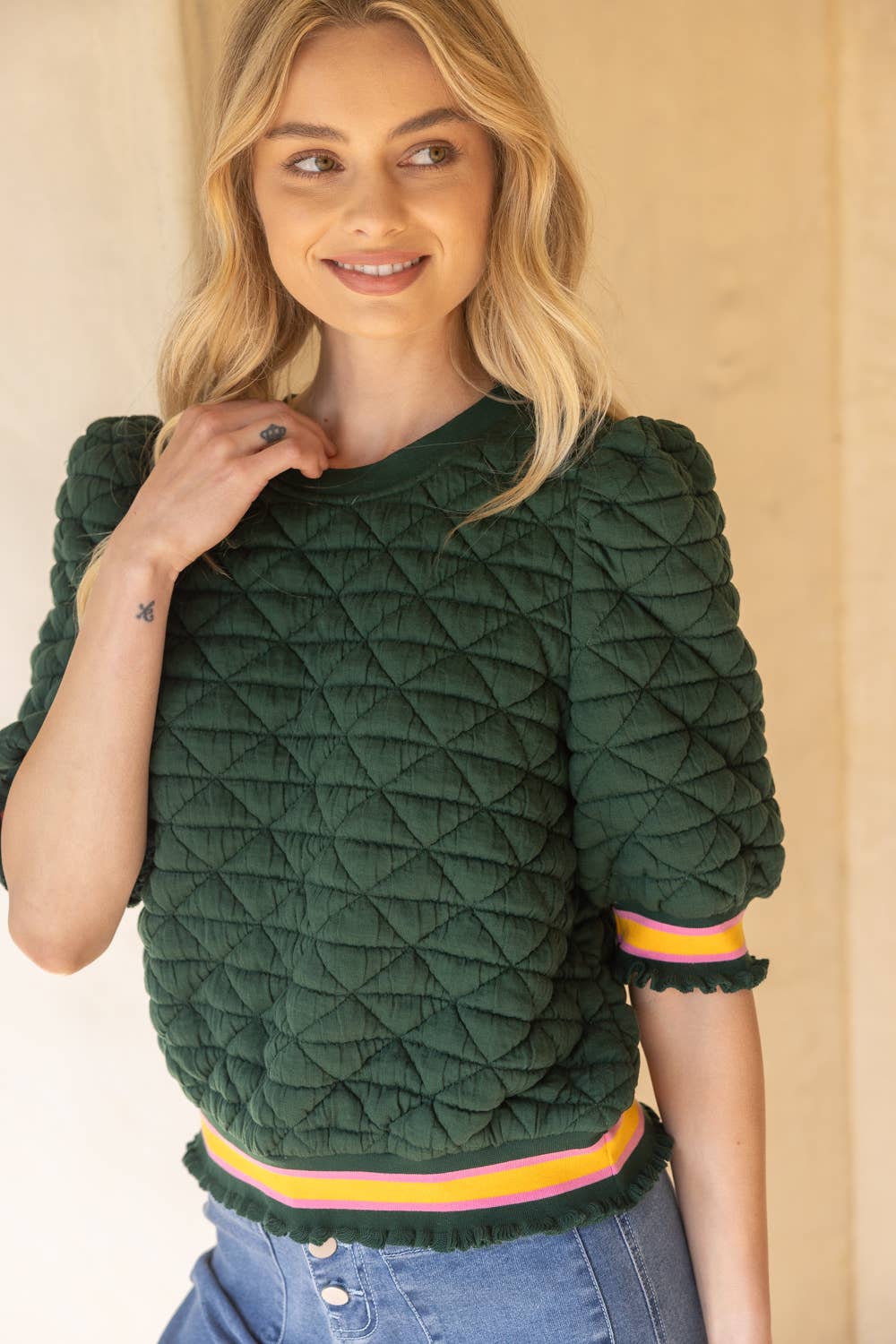 Quilted Knit Top: Green