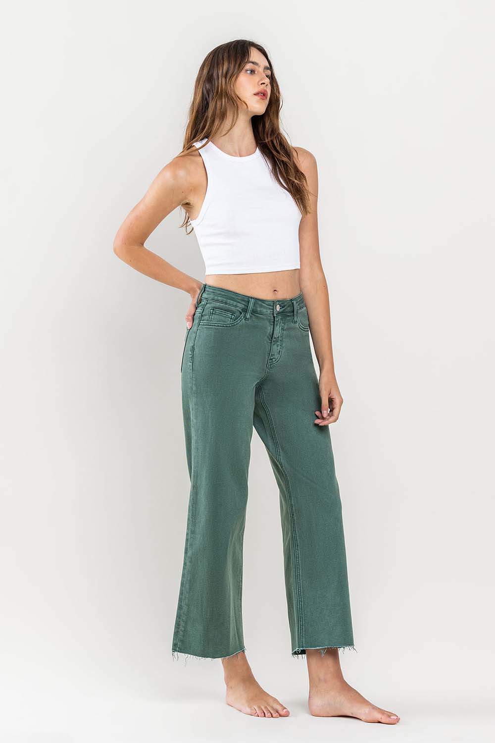 HIGH RISE CROP WIDE LEG JEANS - Mallard Green