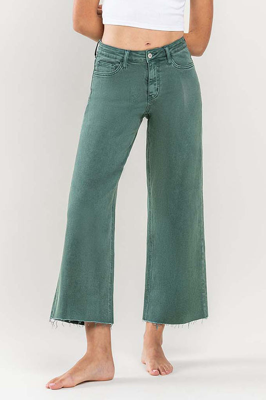 HIGH RISE CROP WIDE LEG JEANS - Mallard Green