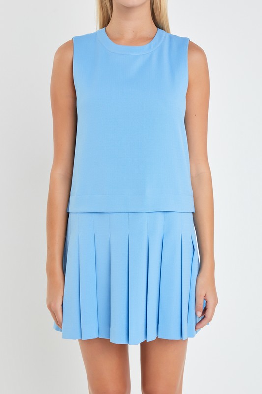 SLEEVELESS BLUE PLEATED MINI DRESS