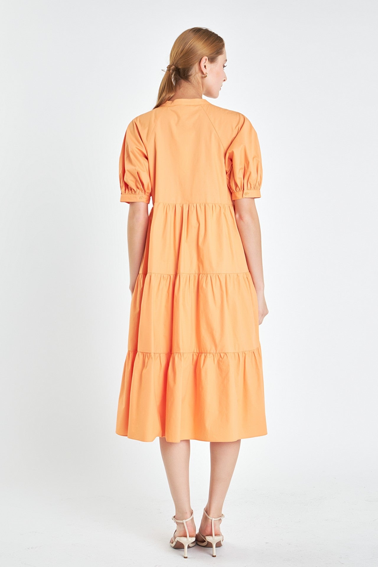 Orange Short Puff Sleeve Midi Dress