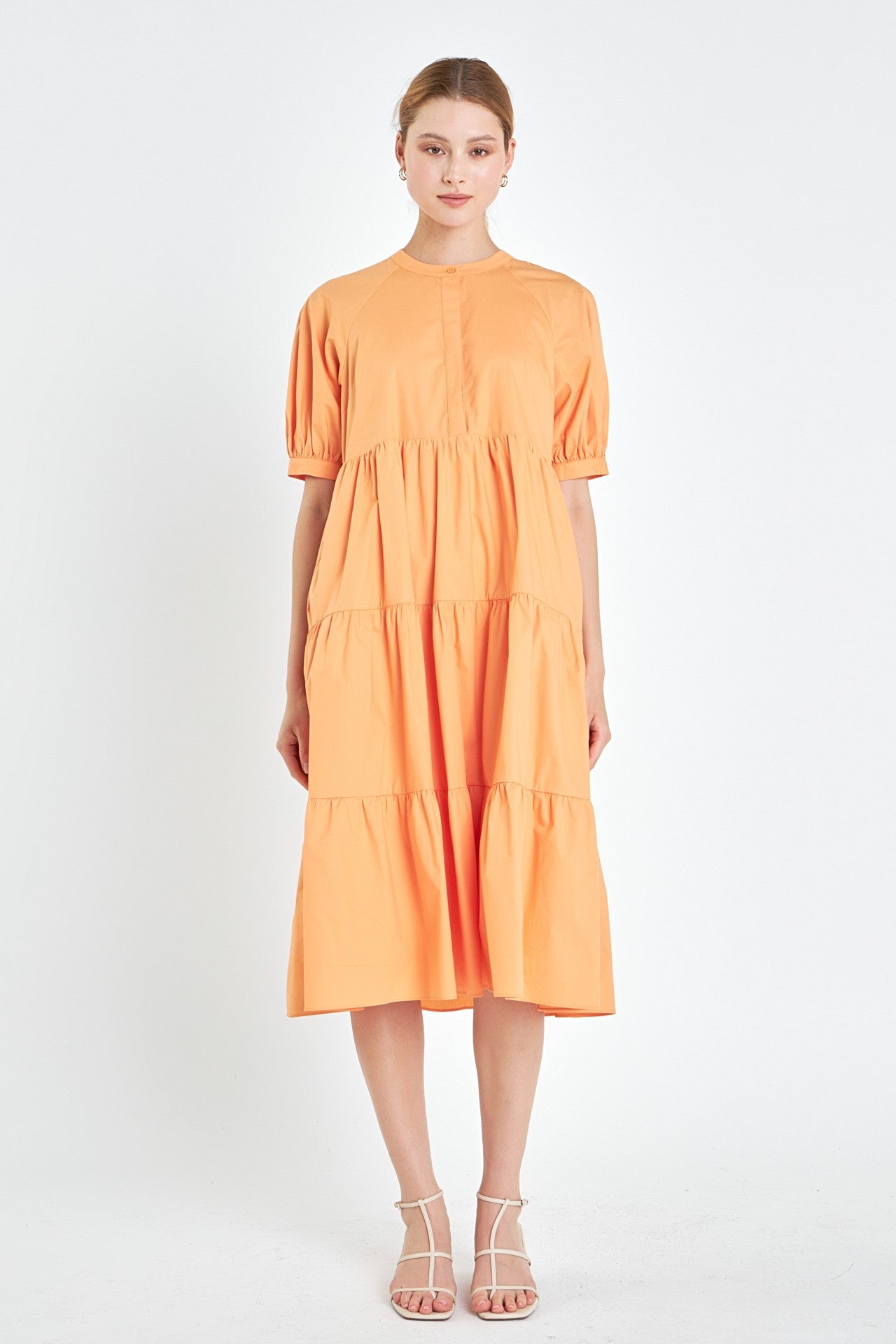 Orange Short Puff Sleeve Midi Dress