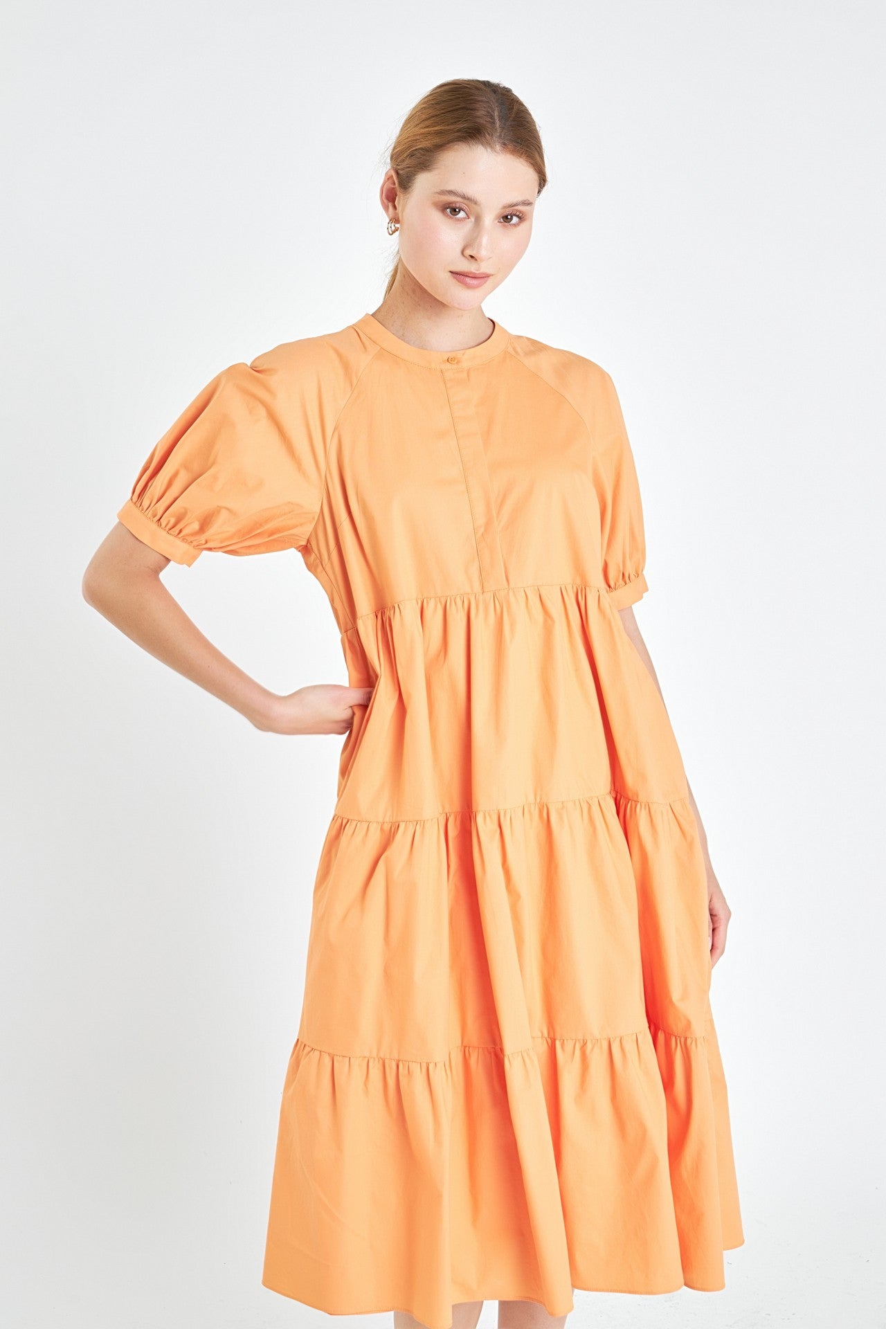 Orange Short Puff Sleeve Midi Dress