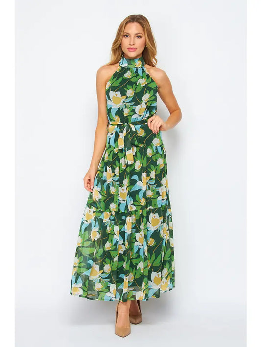 Flower Print Halter Nack Tiered Skirt Maxi Dress - Green