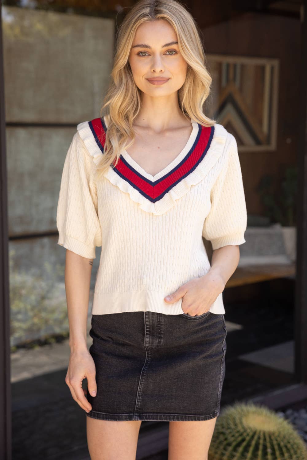 Multi Color Striped V Neck Sweater Top