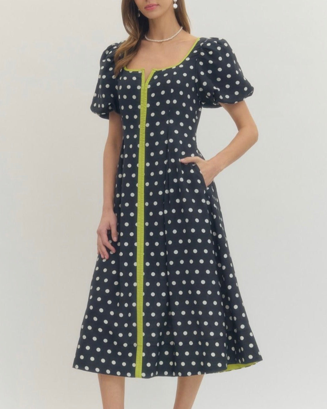 Navy Polka Dot Dress with Green Contrast Trim The Blue Hydrangea Navy Polka Dot Dress with Green Contrast Trim The Blue Hydrangea