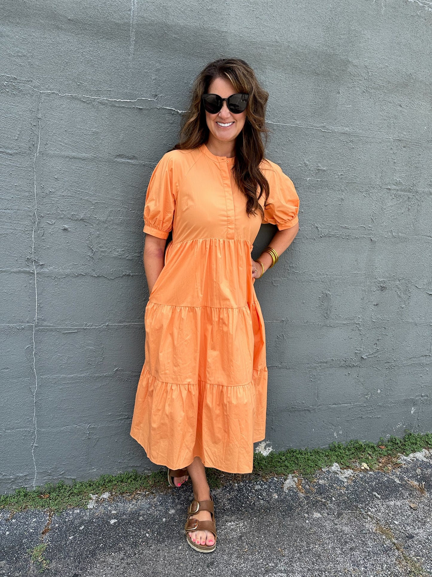 Orange Short Puff Sleeve Midi Dress