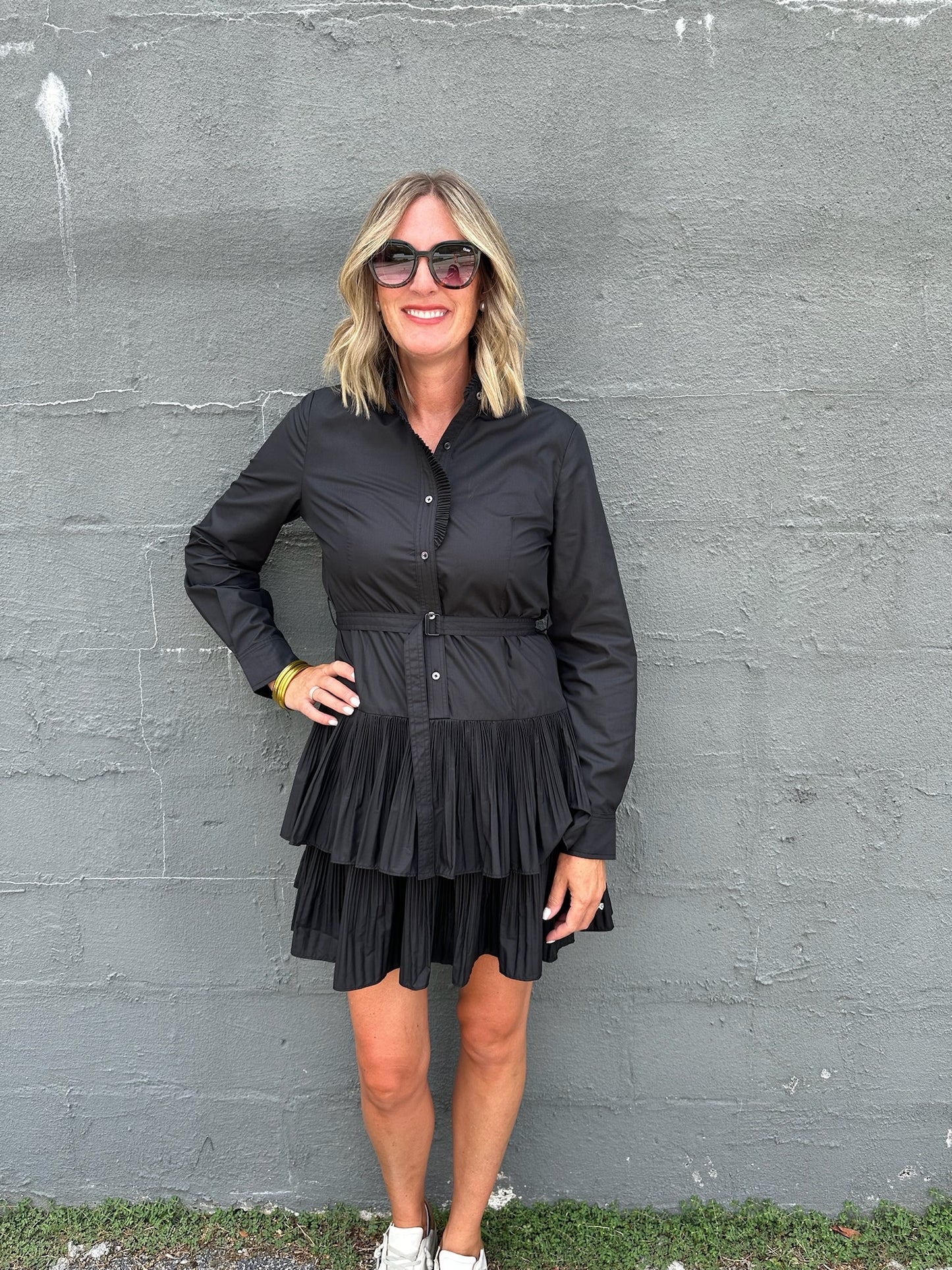 Black Long Sleeve Ruffle Button Down