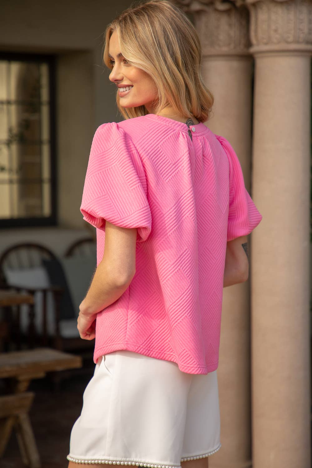 Pink Bubble Short Sleeve Textured Knit Top