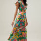 Lanai Multi Tropics Sunfire Smocked Bodice Tiered Midi Dress