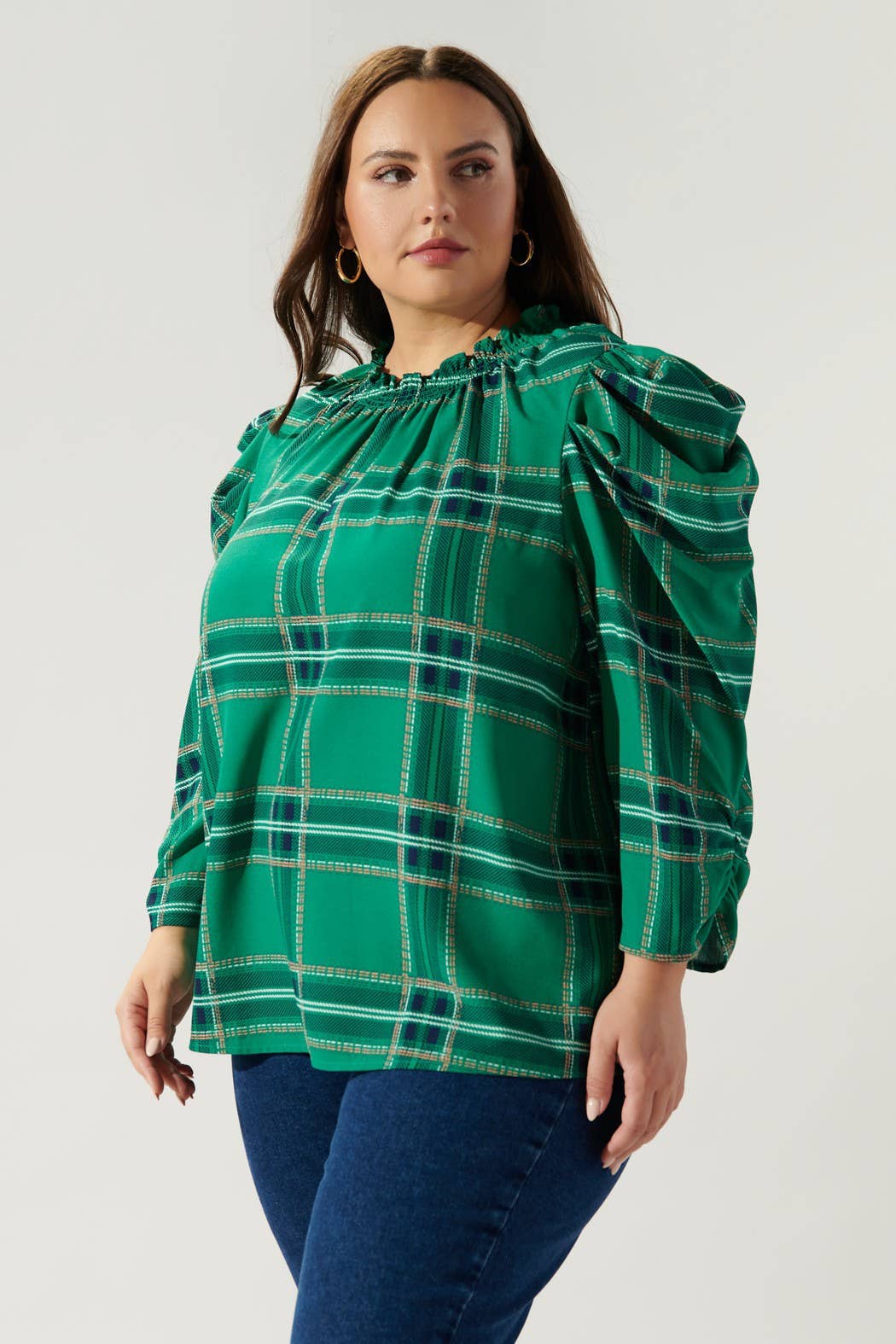 Woodland Jade Plaid Drape Sleeve Top Curve: Jade Multi