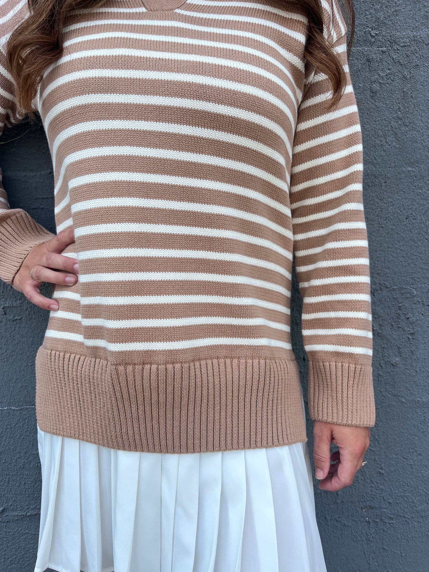 Striped Mixed Media Pleated - Tan/Ivory