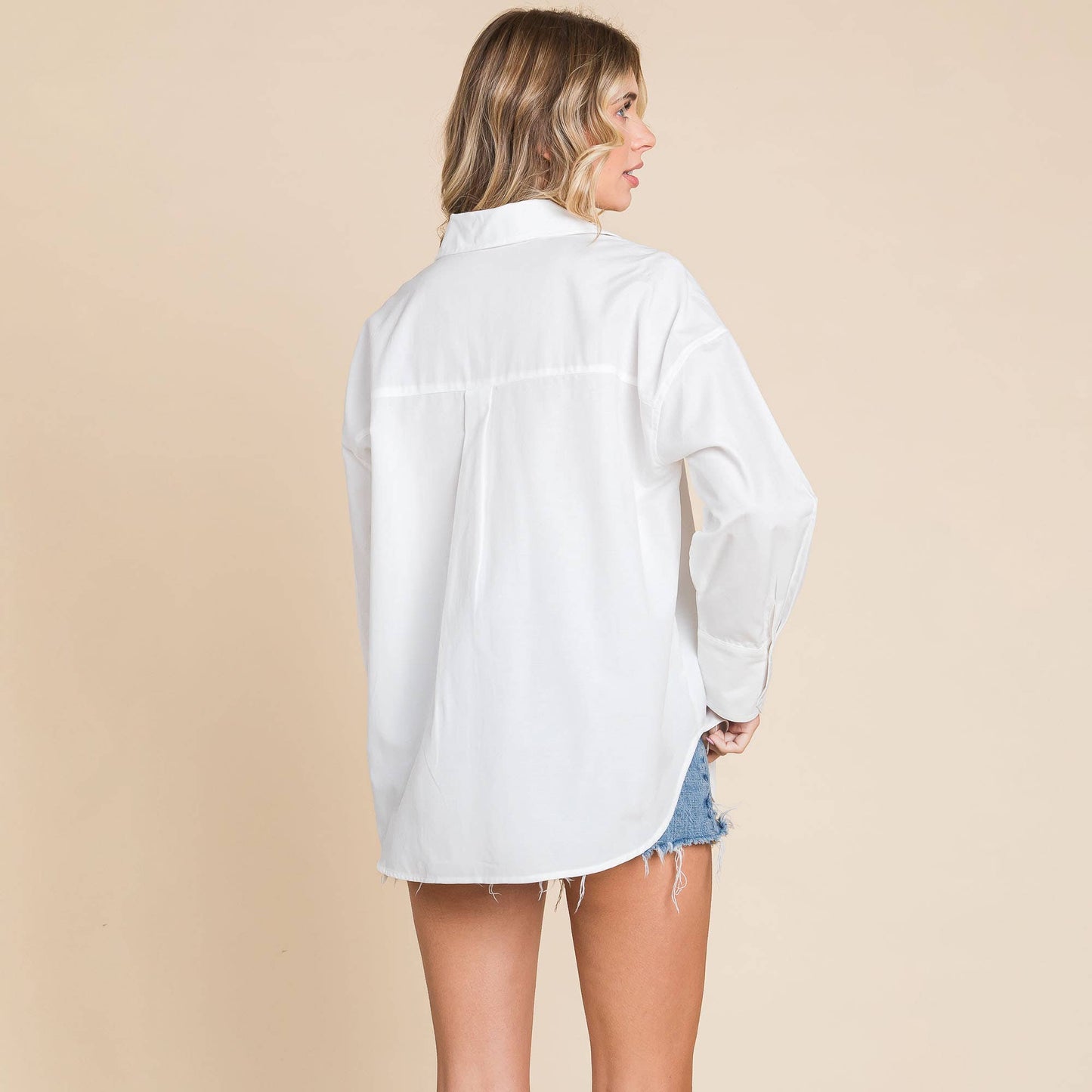 White Oversized V neck Collared Oxford Shirt