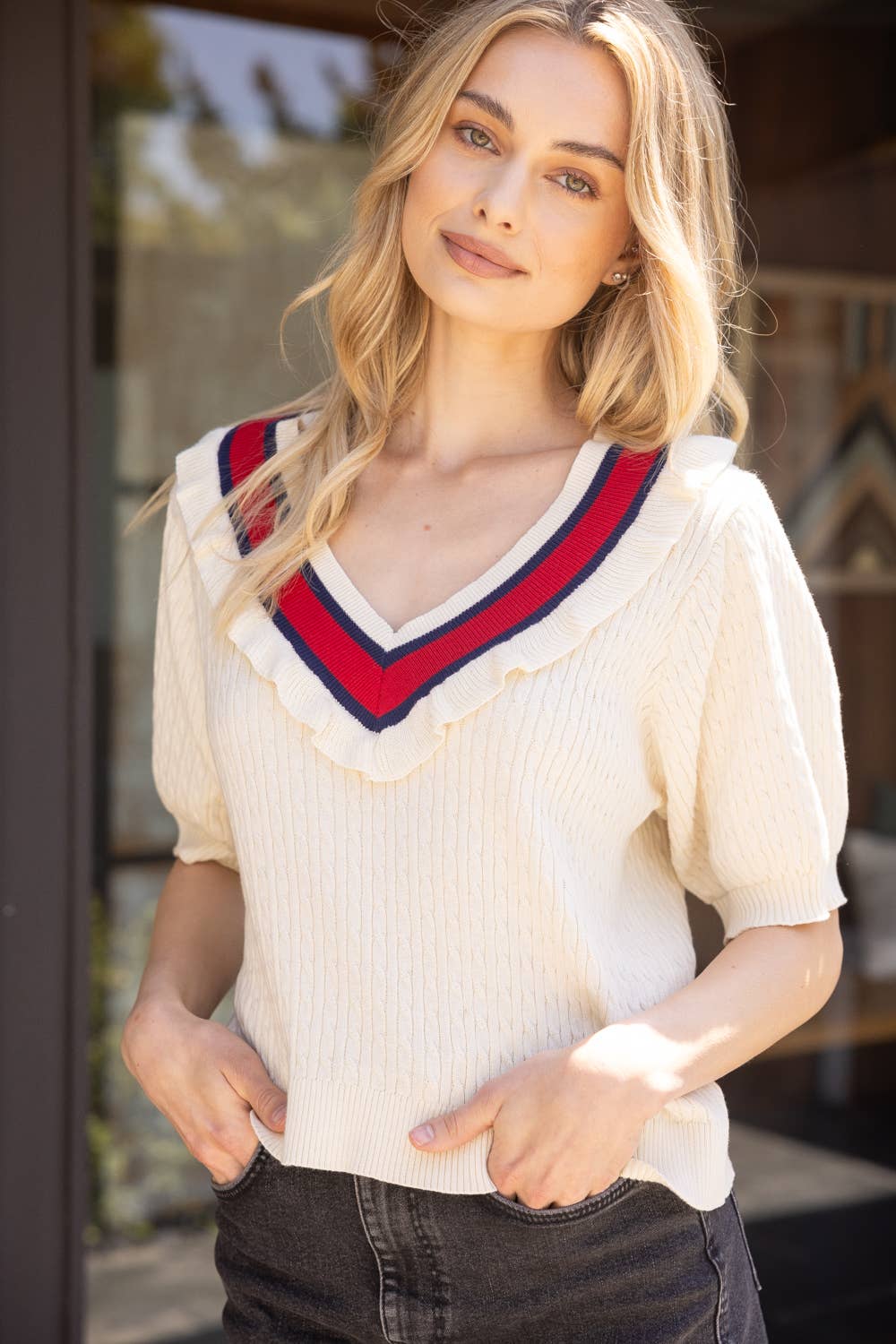 Multi Color Striped V Neck Sweater Top