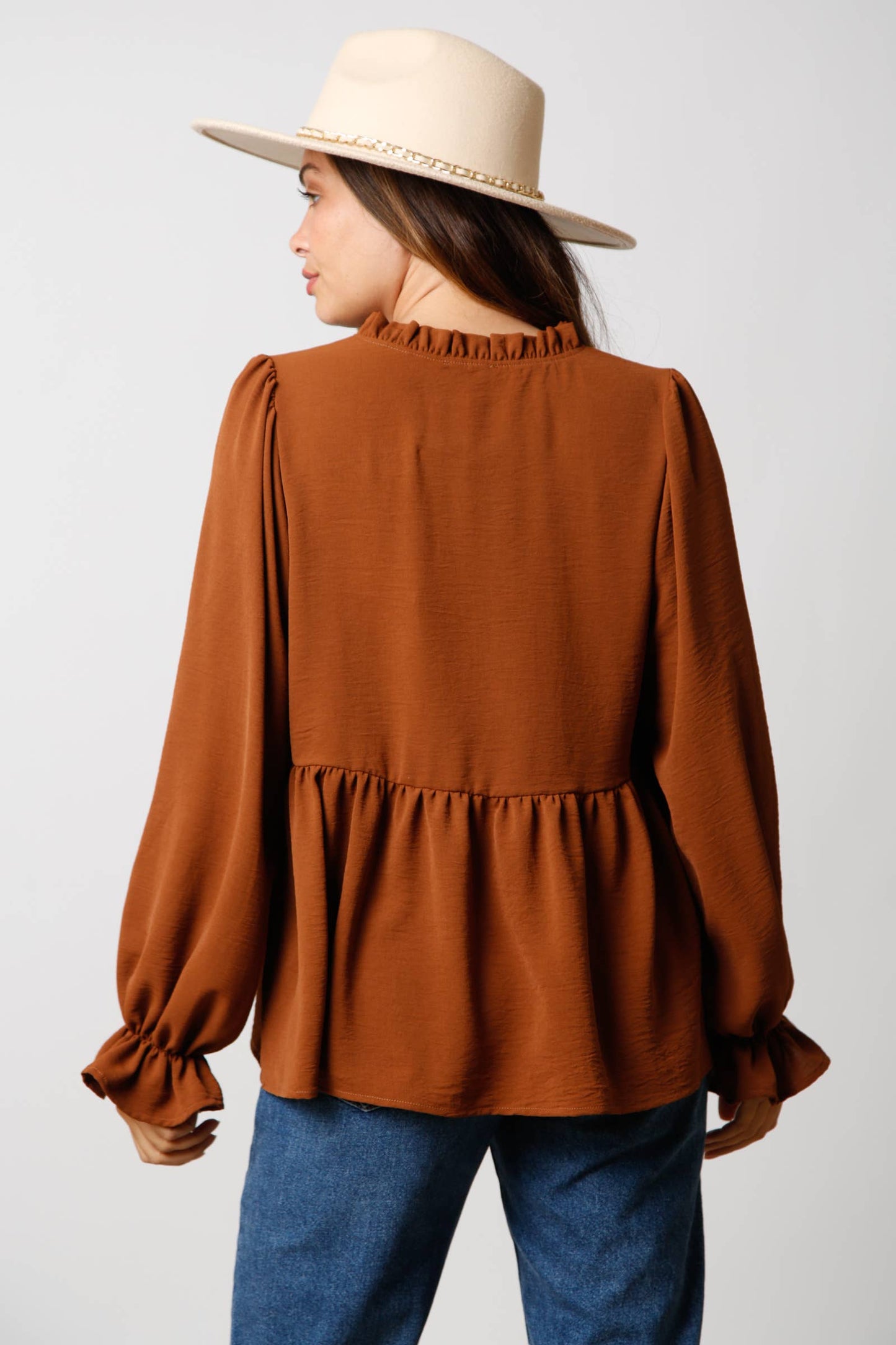 Notched Neck Long Sleeve Top