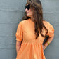 Orange Short Puff Sleeve Midi Dress