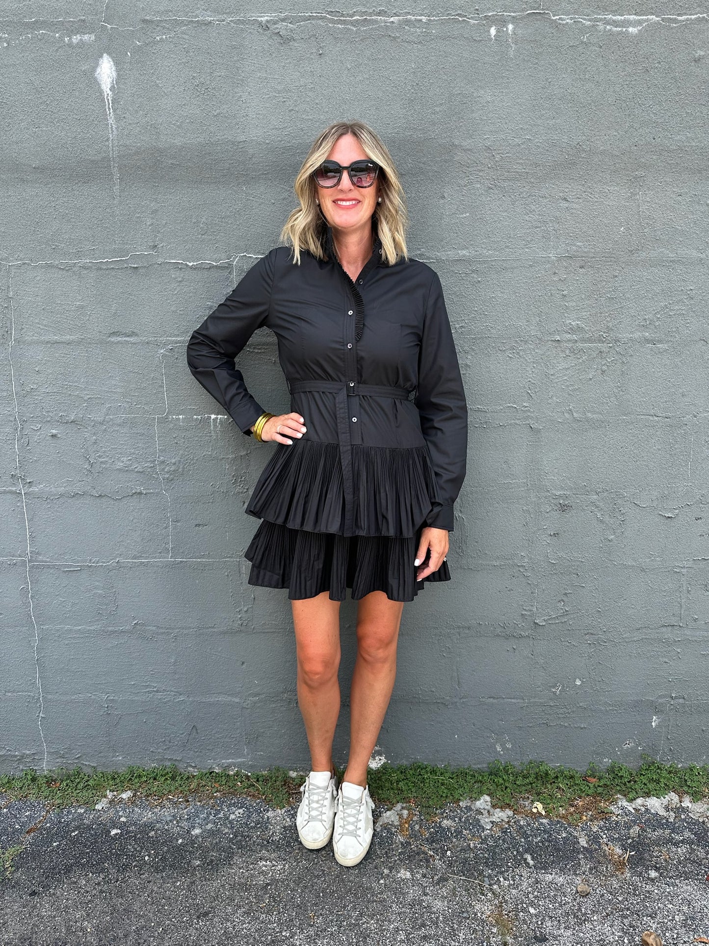 Black Long Sleeve Ruffle Button Down