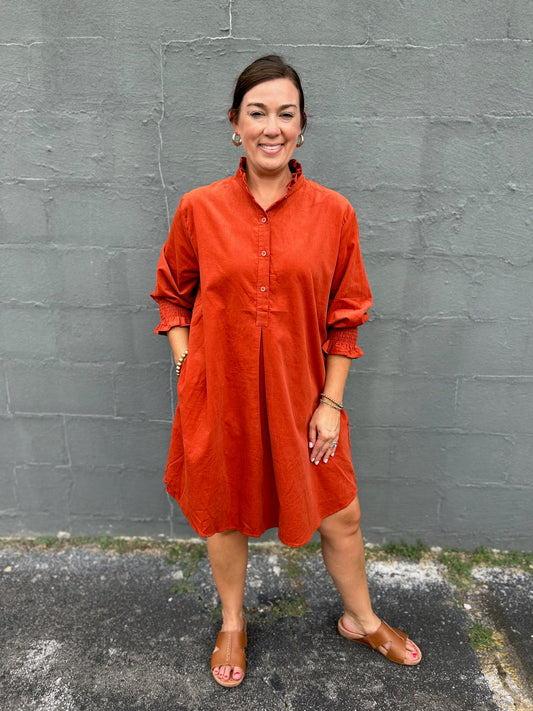 KIMBERLY CORDUROY DRESS - Burnt Orange