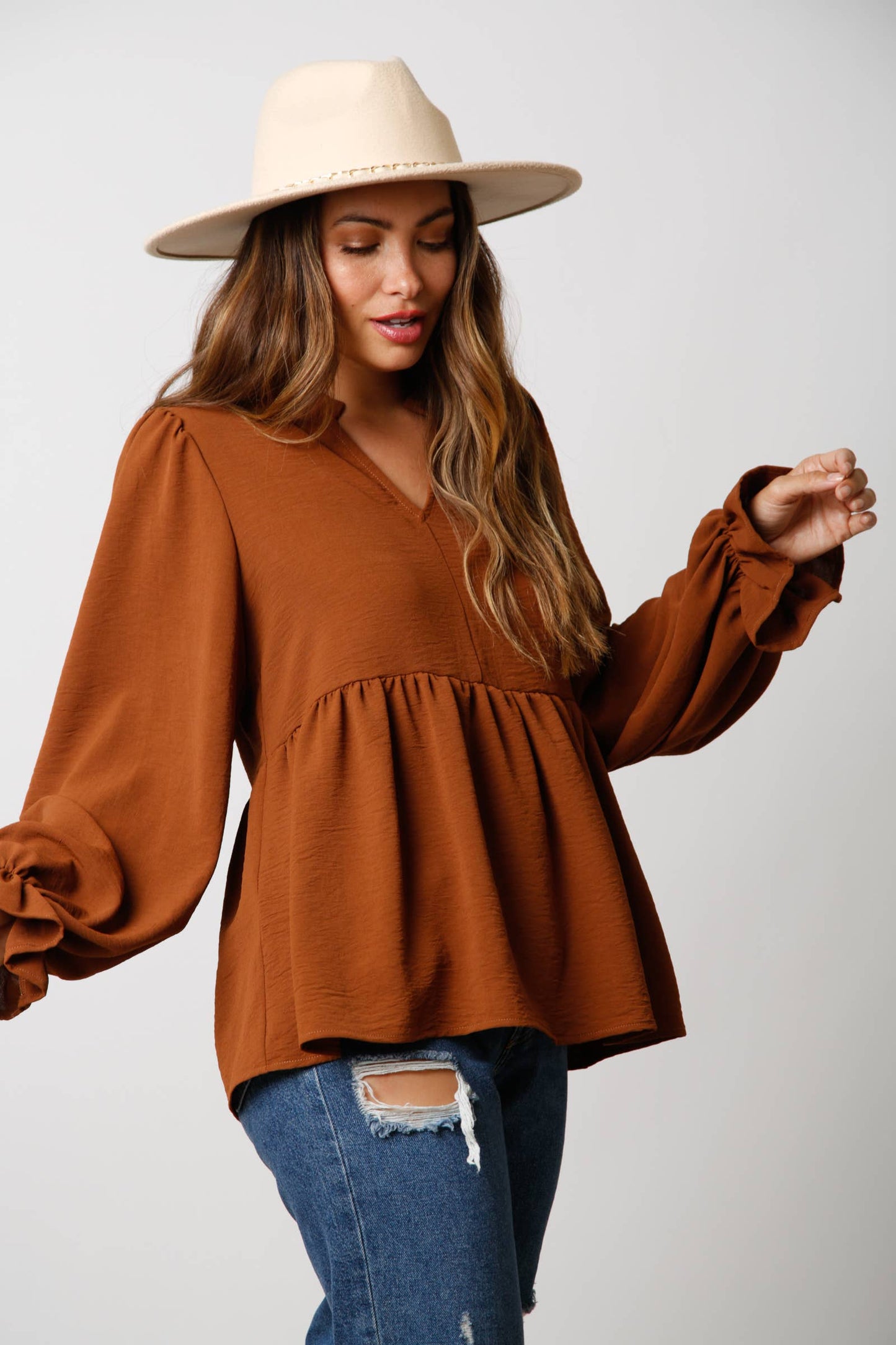 Notched Neck Long Sleeve Top