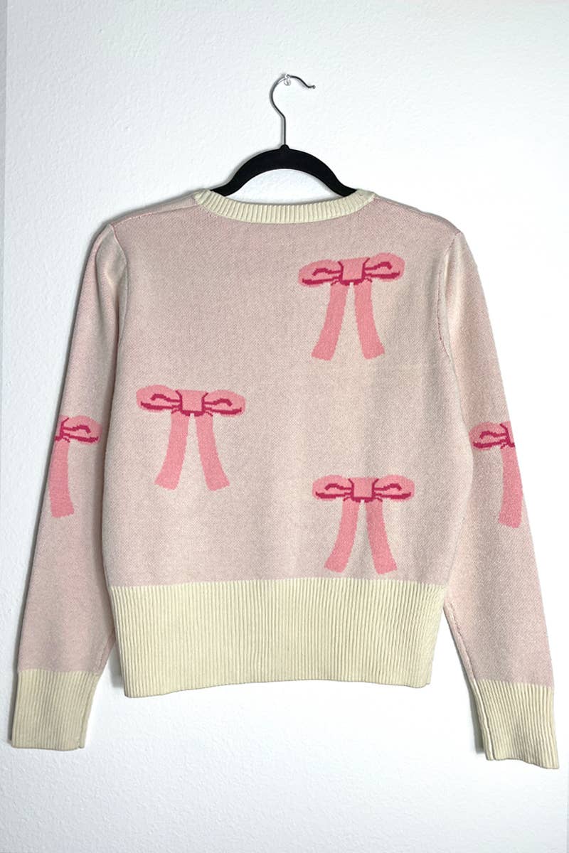 Pink Cropped Knit Bow Cardigan
