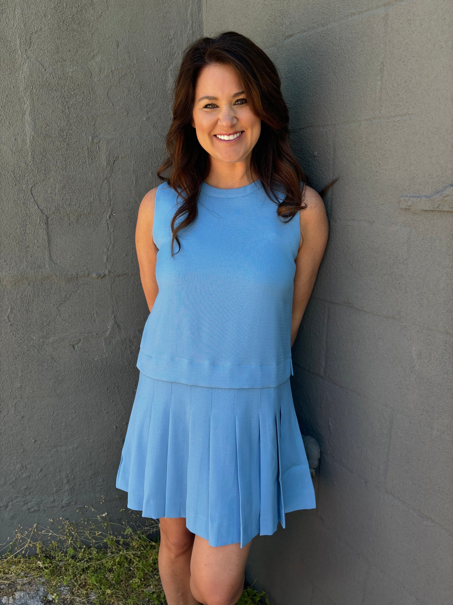 SLEEVELESS BLUE PLEATED MINI DRESS