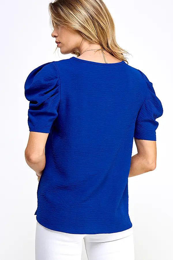 Pleated Puff Sleeve Solid Top - Royal