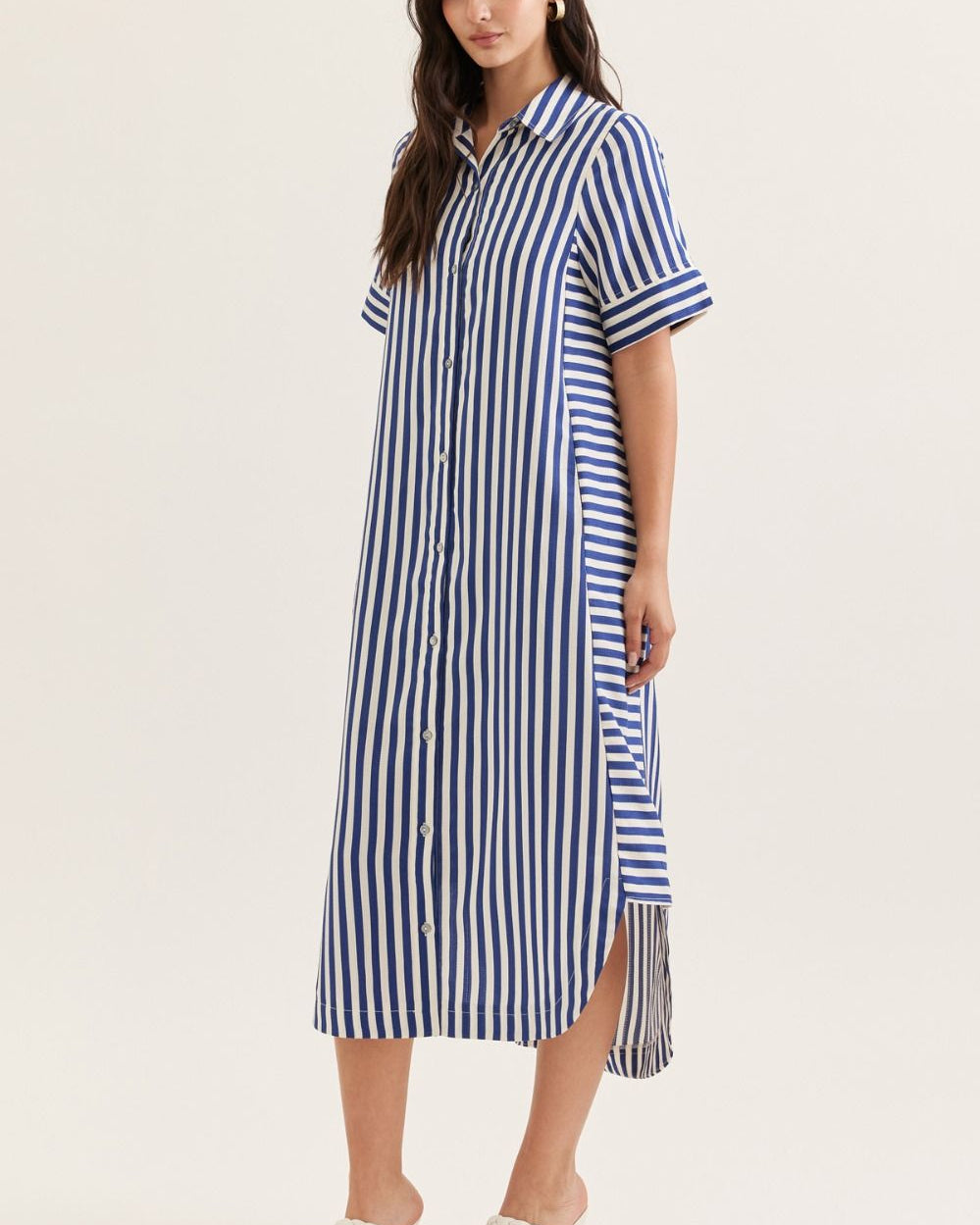 striped short sleeve midi dress Striped Short Sleeve Midi Dress