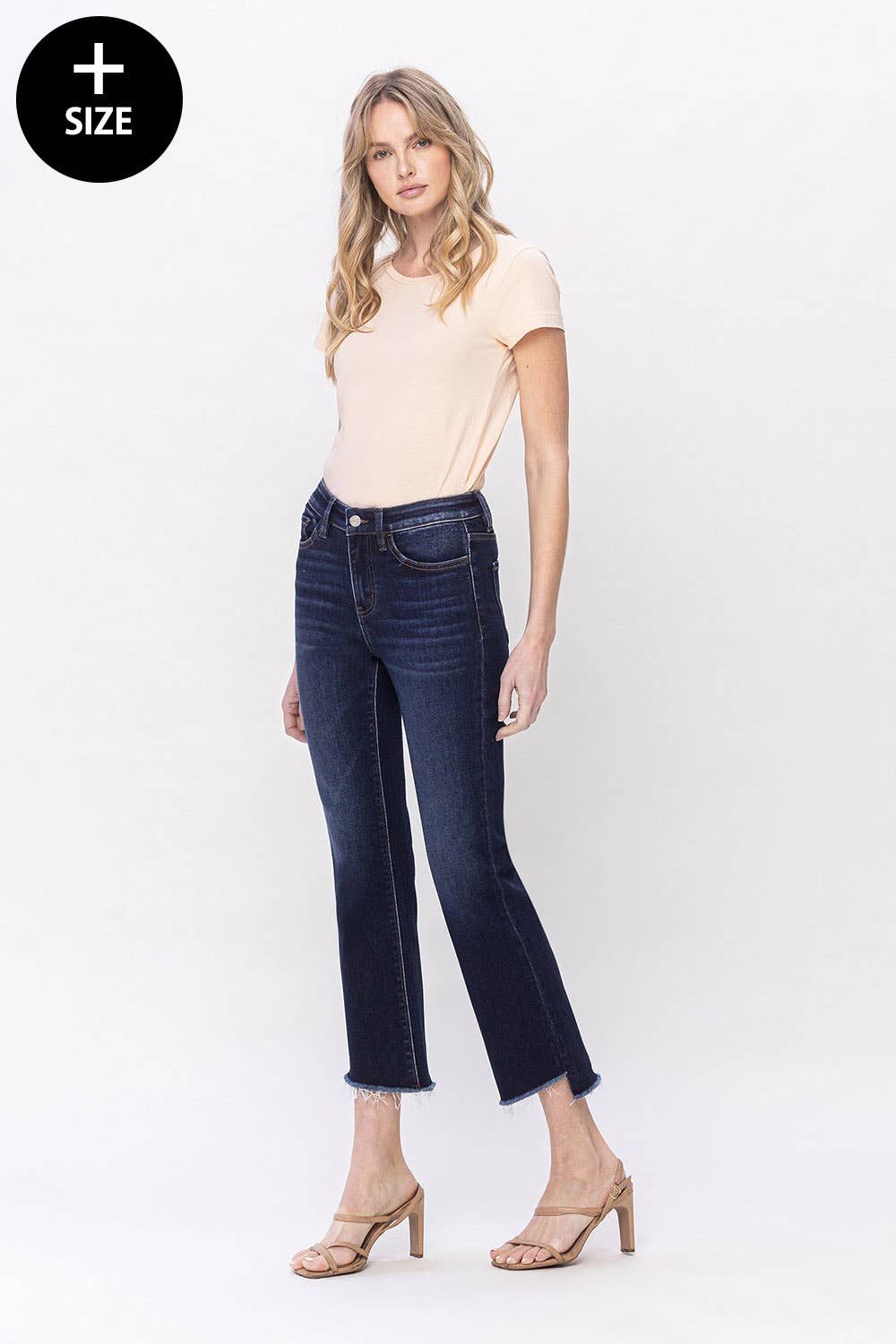 PLUS HIGH RISE STEP RAW HEM CROP FLARE JEANS