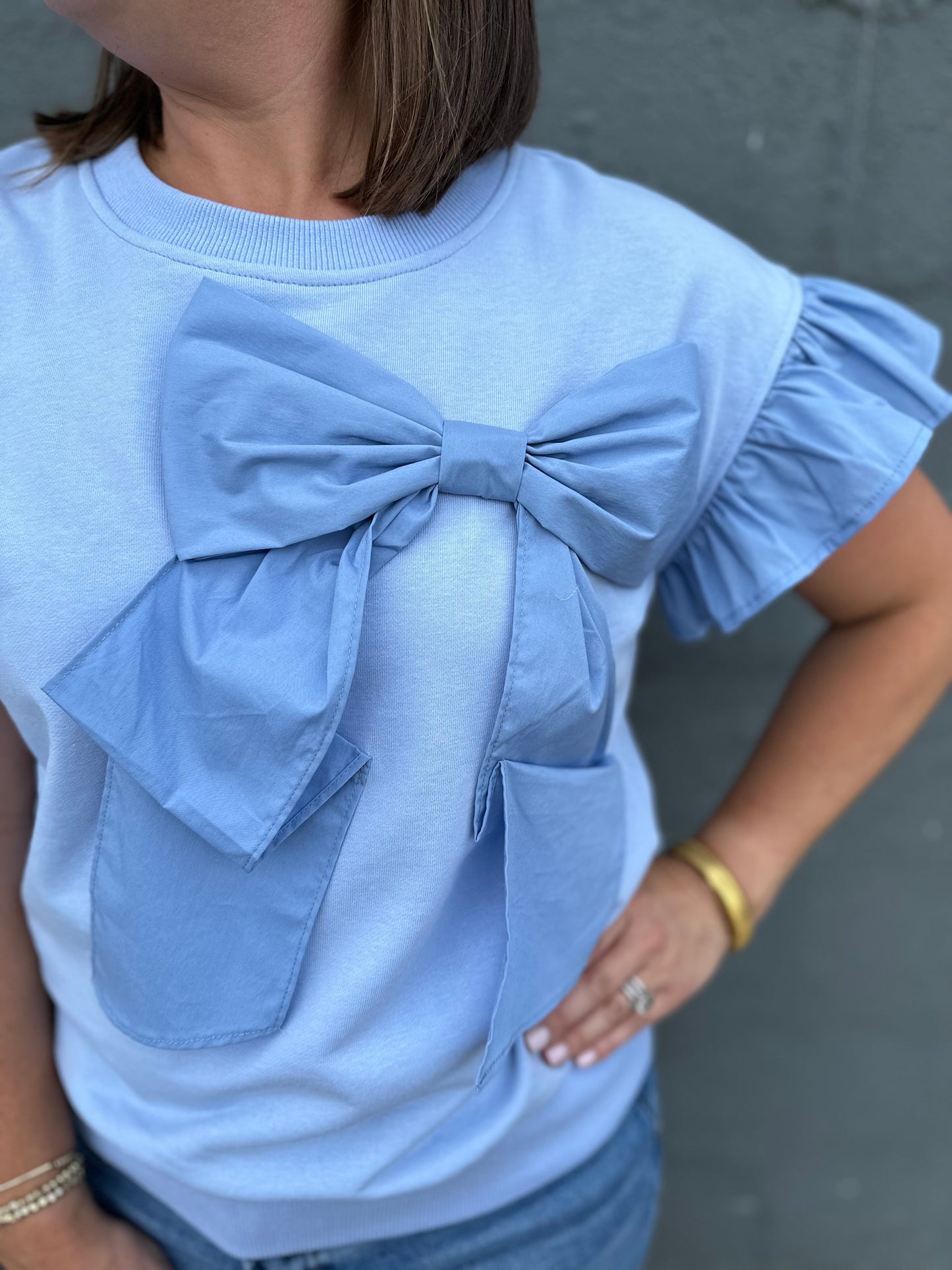 Baby Blue Ribbon Ruffle Sleeve Top