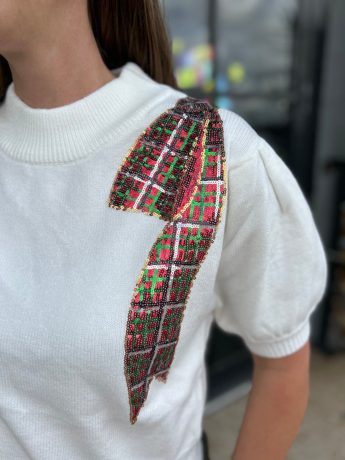 Christmas Plaid Sequins Embroidery Sweater