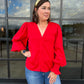 V-Neck Button Front Closure Solid Woven Blouse