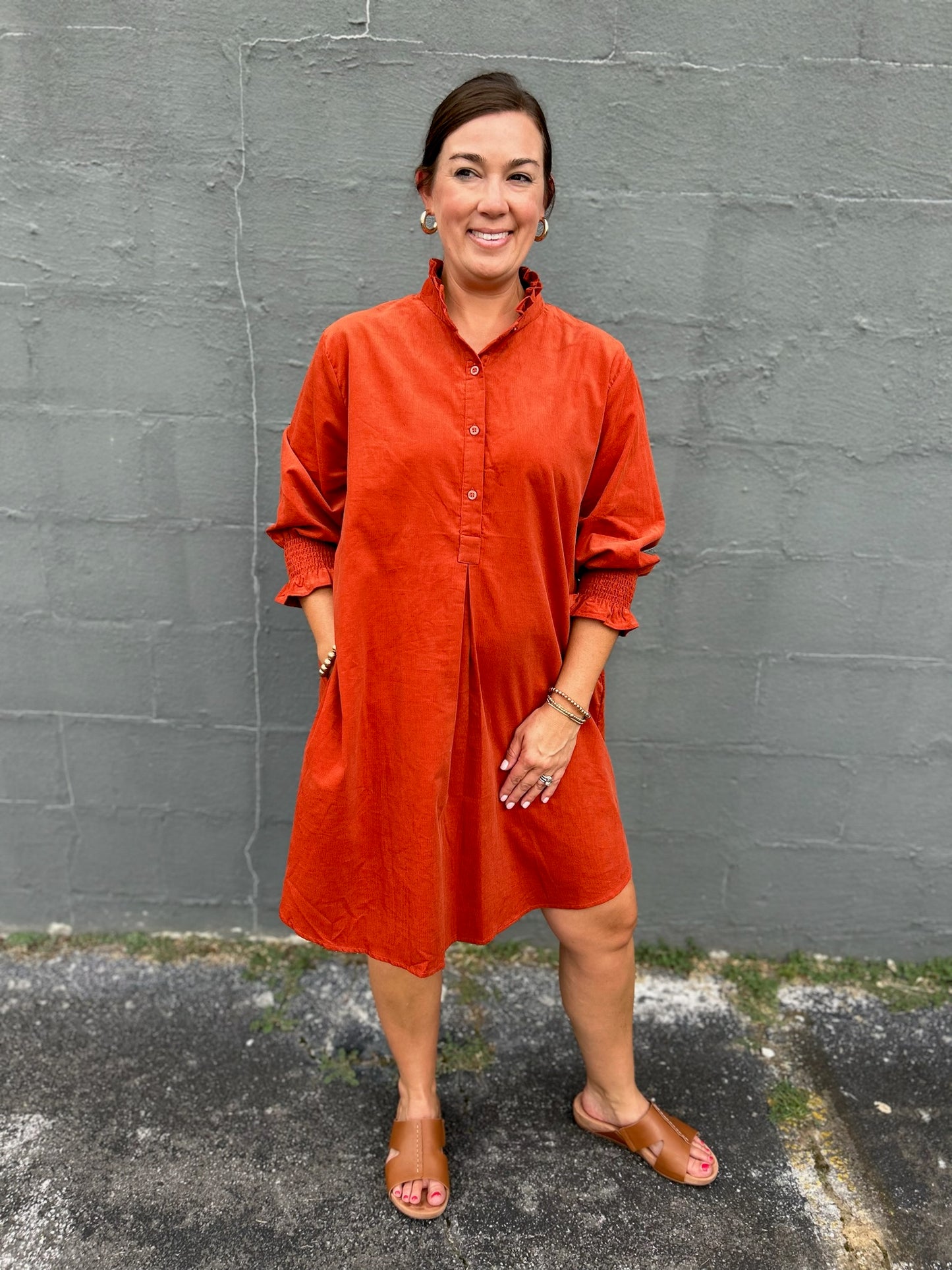 KIMBERLY CORDUROY DRESS - Burnt Orange