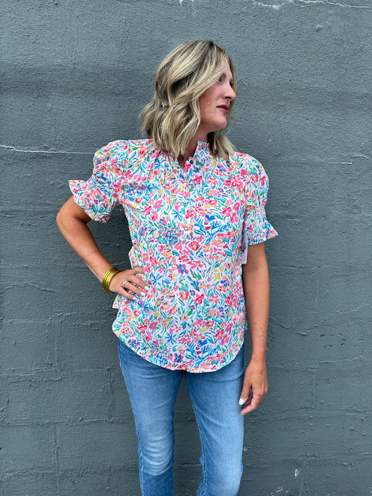 Pink Floral Print Puff Sleeve Blouse