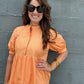 Orange Short Puff Sleeve Midi Dress