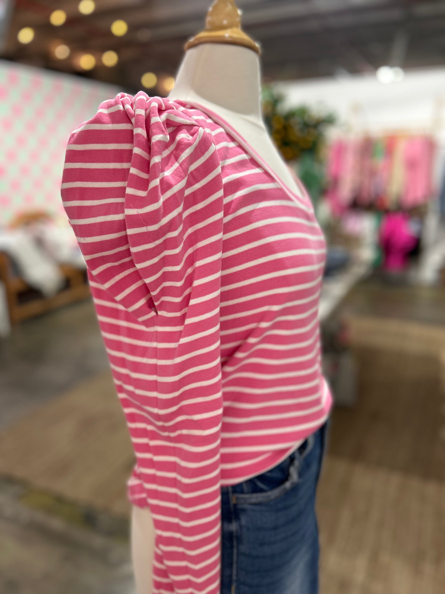 Pink/White Puff Sleeve Stripe Top