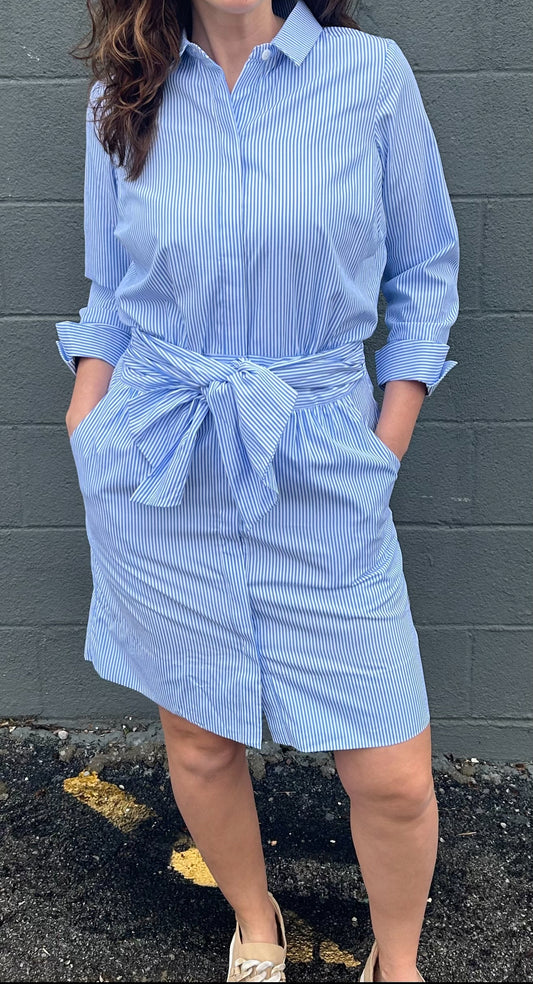 Wash / Wear Breezy Blouson Dress - Blue Stripe