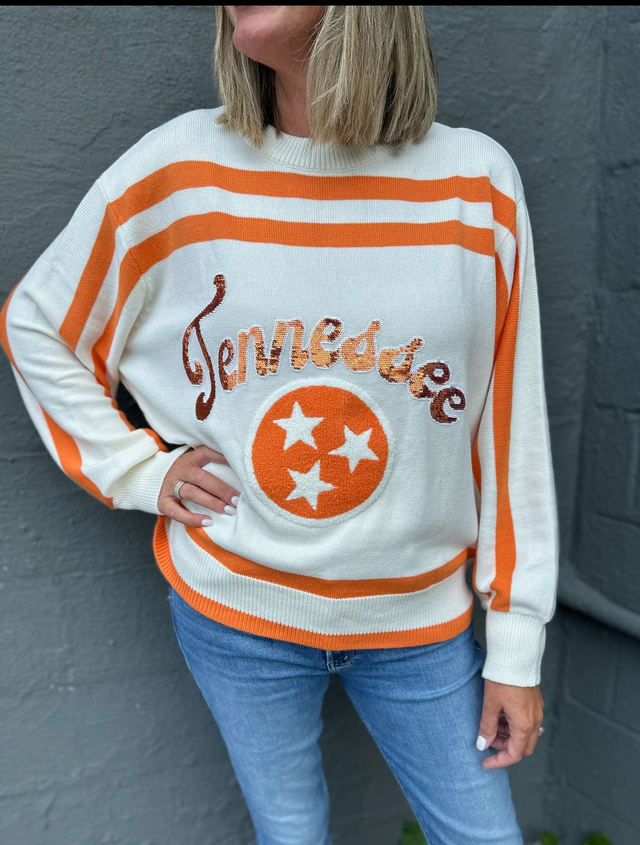 Licensed- Orange & White Tennessee Striped Long Sleeve Sweater