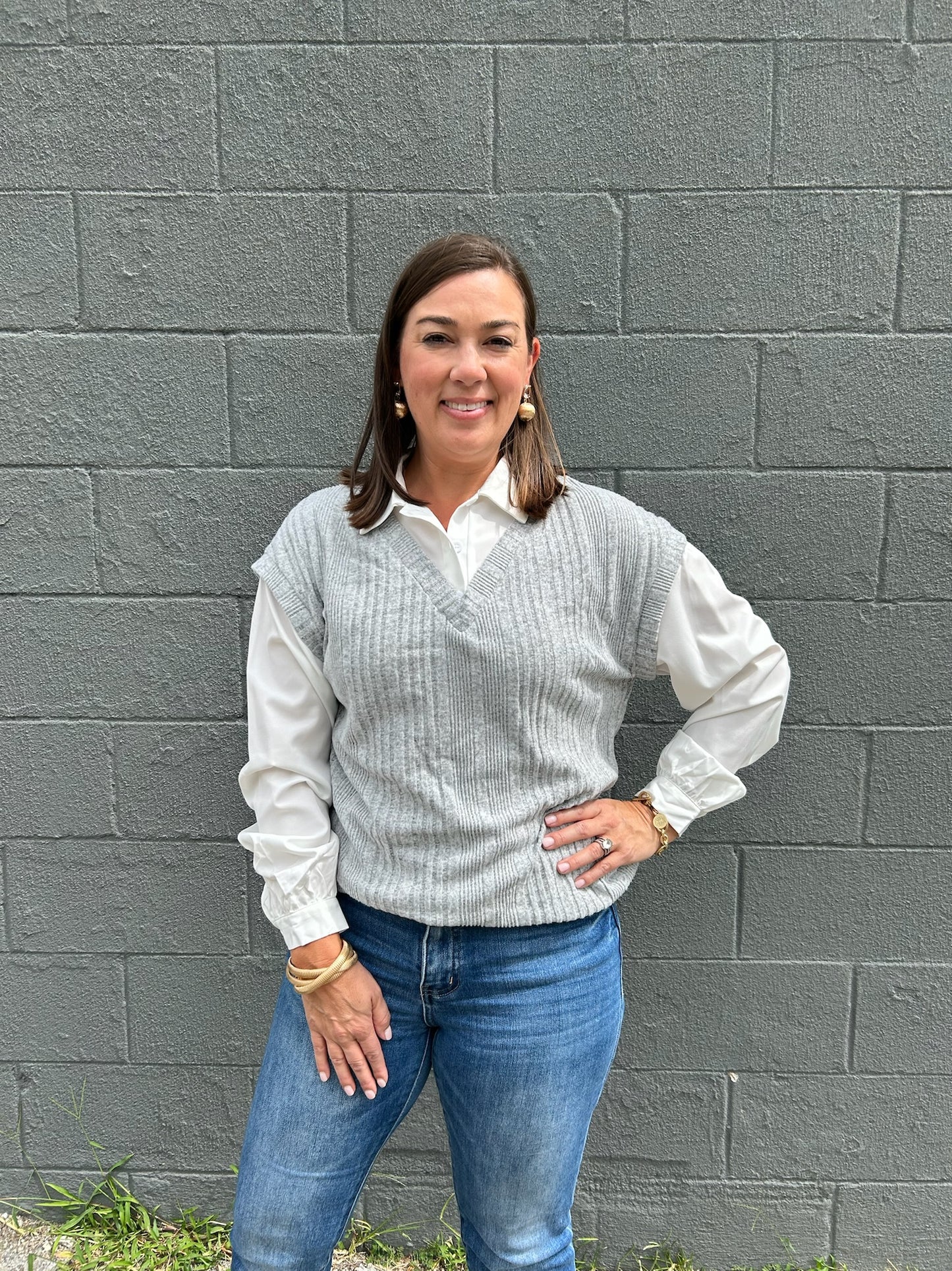 Ribbed Knit Sweater Vest and Shirt Combo - GREY