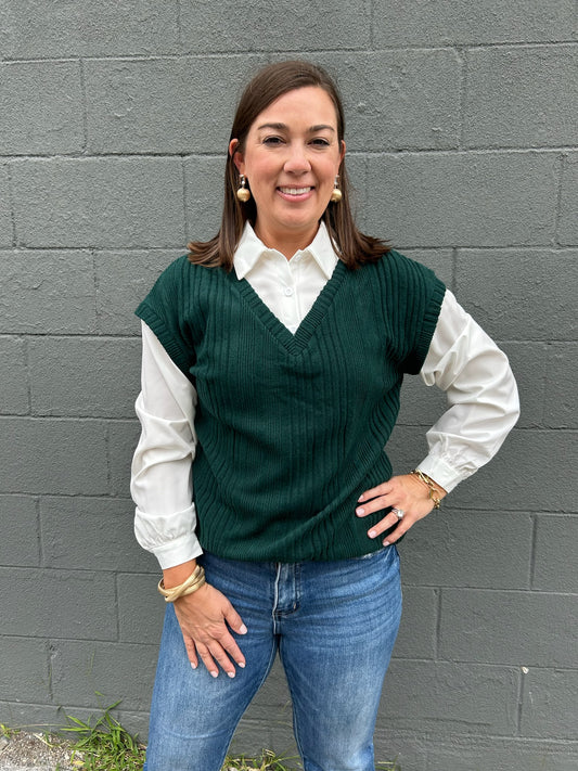 Ribbed Knit Sweater Vest and Shirt Combo - Green